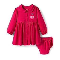 Babyhug Single Jersey Woven Full Sleeves Frock With Bloomers & Cherry Print - Maroon