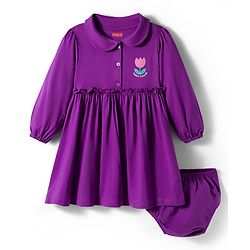 Babyhug Single Jersey Knit Full Sleeves Frock With Bloomer & Floral Print - Purple
