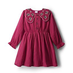 Babyhug 100% Cotton Full Sleeves Frock With Floral Embroidery - Dark Pink
