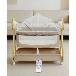 Babyhug Sun Flower Wooden Electric Cradle with Mosquito Net - Beige| 3 Level Swing| Sturdy Wooden Frame| 3 Preset Timer| Soothing Music| Wheels with Lock| Mesh Sides for Ventilation| Newborn Essential