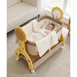 Babyhug Sun Flower Wooden Electric Cradle with Mosquito Net - Beige| 3 Level Swing| Sturdy Wooden Frame| 3 Preset Timer| Soothing Music| Wheels with Lock| Mesh Sides for Ventilation| Newborn Essential
