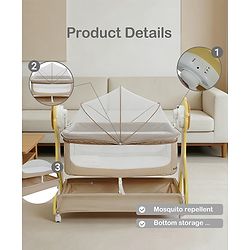Babyhug Sun Flower Wooden Electric Cradle with Mosquito Net - Beige| 3 Level Swing| Sturdy Wooden Frame| 3 Preset Timer| Soothing Music| Wheels with Lock| Mesh Sides for Ventilation| Newborn Essential