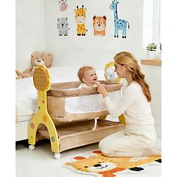 Babyhug Sun Flower Wooden Electric Cradle with Mosquito Net - Beige| 3 Level Swing| Sturdy Wooden Frame| 3 Preset Timer| Soothing Music| Wheels with Lock| Mesh Sides for Ventilation| Newborn Essential