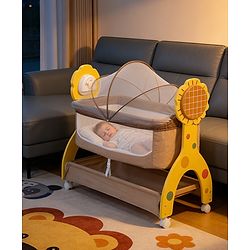 Babyhug Sun Flower Wooden Electric Cradle with Mosquito Net - Beige| 3 Level Swing| Sturdy Wooden Frame| 3 Preset Timer| Soothing Music| Wheels with Lock| Mesh Sides for Ventilation| Newborn Essential