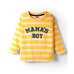 Babyhug 100% Cotton Knit Full Sleeves T-Shirt with Stripes & Mama's Boy Text Print - Yellow & White