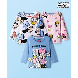 Babyhug Disney Single Jersey Knit Full Sleeves T-Shirt with Minnie and Friends Graphics Pack of 3 - Light Blue Pink & White