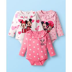 Babyhug Disney Interlock Knit Full Sleeves Onesies with Minnie & Friends Graphics Pack of 3 - Pink & White
