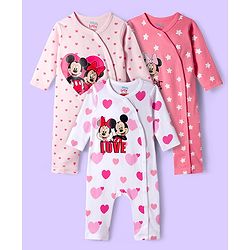 Babyhug Disney Interlock Knit Full Sleeve Rompers with Heart Minnie & Mickey Mouse Graphics Pack of 3 - Pink & White