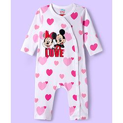 Babyhug Disney Interlock Knit Full Sleeve Rompers with Heart Minnie & Mickey Mouse Graphics Pack of 3 - Pink & White