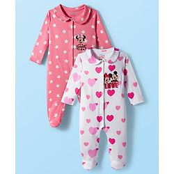 Babyhug Disney Interlock Knit Full Sleeves Sleep Suits With Minnie & Friends Graphics Pack Of 2 - Pink & White