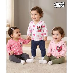 Babyhug Disney Interlock Knit Full Sleeves Jhablas With Minnie & Friends Print Pack Of 3 - Pink White & Dark Pink