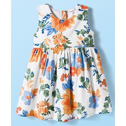 Babyhug Cotton Woven Floral Print Frock with Full Sleeves Shrug - White & Blue