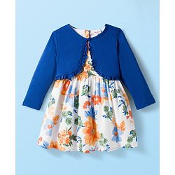 Babyhug Cotton Woven Floral Print Frock with Full Sleeves Shrug - White & Blue