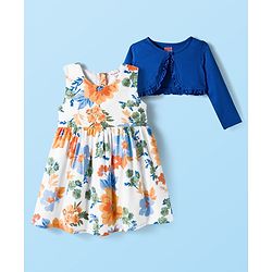 Babyhug Cotton Woven Floral Print Frock with Full Sleeves Shrug - White & Blue