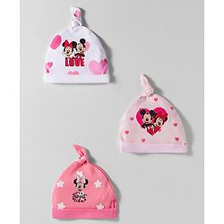 Babyhug Disney Interlock Knit Knot Cap with Minnie Mouse Graphics Pack of 3 Pink & White - Diameter 10 cm