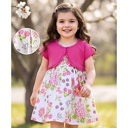 Babyhug Cotton Woven Half Sleeves Frock With Shrug & Floral Print - Pink & White