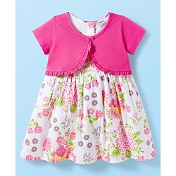 Babyhug Cotton Woven Half Sleeves Frock With Shrug & Floral Print - Pink & White