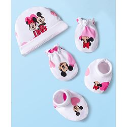 Babyhug Disney Interlock Knit Cap Mitten & Booties Set with Minnie Mouse & Friends White - Diameter 10 cm