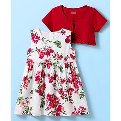 Babyhug Cotton Woven Half Sleeves Frock & Shrug With Floral Print & Frill Detailing - Red & White