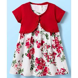 Babyhug Cotton Woven Half Sleeves Frock & Shrug With Floral Print & Frill Detailing - Red & White
