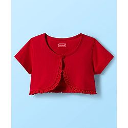 Babyhug Cotton Woven Half Sleeves Frock & Shrug With Floral Print & Frill Detailing - Red & White