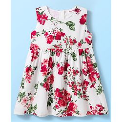Babyhug Cotton Woven Half Sleeves Frock & Shrug With Floral Print & Frill Detailing - Red & White