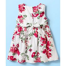 Babyhug Cotton Woven Half Sleeves Frock & Shrug With Floral Print & Frill Detailing - Red & White