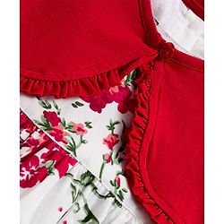 Babyhug Cotton Woven Half Sleeves Frock & Shrug With Floral Print & Frill Detailing - Red & White
