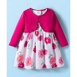 Babyhug Cotton Woven Floral Printed Frock with Full Sleeves Shrug - Dark Pink & White