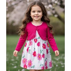 Babyhug Cotton Woven Floral Printed Frock with Full Sleeves Shrug - Dark Pink & White