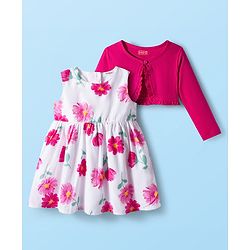 Babyhug Cotton Woven Floral Printed Frock with Full Sleeves Shrug - Dark Pink & White