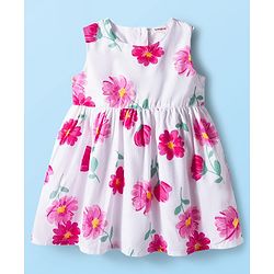 Babyhug Cotton Woven Floral Printed Frock with Full Sleeves Shrug - Dark Pink & White