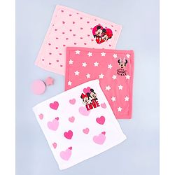 Babyhug Disney Interlock Knit Hand & Face Towel with Minnie Mouse Graphics Pack of 3 L 33 x B 33 - Pink White & Dark Pink