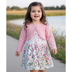 Babyhug Cotton Woven Floral Printed Frock with Full Sleeves Shrug - Pink & White