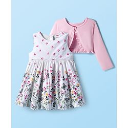 Babyhug Cotton Woven Floral Printed Frock with Full Sleeves Shrug - Pink & White