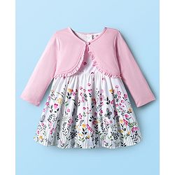 Babyhug Cotton Woven Floral Printed Frock with Full Sleeves Shrug - Pink & White