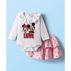 Babyhug Disney Interlock  Knit Full Sleeves Onesie and Skirt with Minnie & Friends Graphic - Pink & White