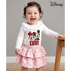 Babyhug Disney Interlock  Knit Full Sleeves Onesie and Skirt with Minnie & Friends Graphic - Pink & White