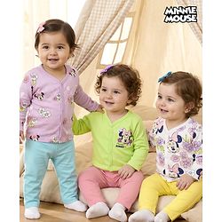 Babyhug Disney Interlock Knit Full Sleeves Jhablas With Minnie Mouse Graphics pack Of 3 - Lime Green Purple & White