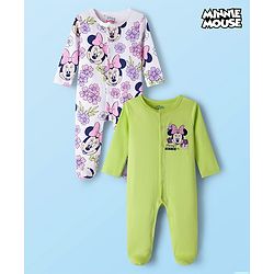 Babyhug Disney Interlock Knit Full Sleeves Footed Sleepsuit With Minnie Mouse Graphics Pack Of 2 - Green & White