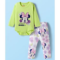 Babyhug Disney Interlock Knit Full Sleeves Onesies with Diaper Legging & Minnie Mouse Graphics - Light Green & White