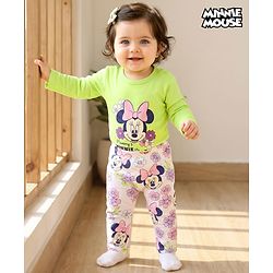 Babyhug Disney Interlock Knit Full Sleeves Onesies with Diaper Legging & Minnie Mouse Graphics - Light Green & White