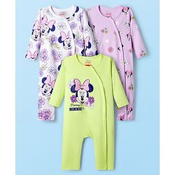 Babyhug Disney Interlock Knit Full Sleeves Rompers With Minnie Mouse Graphics Pack of 3 - Light Green & Lavender