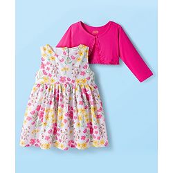 Babyhug Cotton Woven Floral Printed Frock with Full Sleeves Shrug - Dark Pink & White