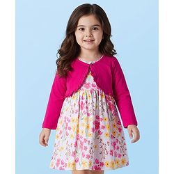 Babyhug Cotton Woven Floral Printed Frock with Full Sleeves Shrug - Dark Pink & White