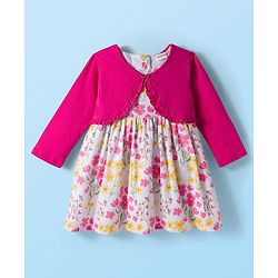 Babyhug Cotton Woven Floral Printed Frock with Full Sleeves Shrug - Dark Pink & White