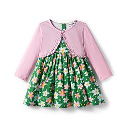 Babyhug Cotton Woven Floral Printed Frock with Full Sleeves Shrug - Pink & Green