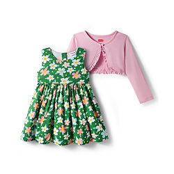 Babyhug Cotton Woven Floral Printed Frock with Full Sleeves Shrug - Pink & Green