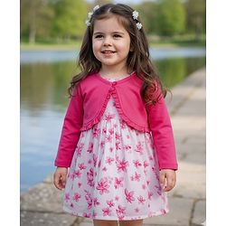 Babyhug Cotton Woven Full Sleeves Shrug & Frock with Floral Print - Pink & White