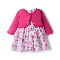 Babyhug Cotton Woven Full Sleeves Shrug & Frock with Floral Print - Pink & White